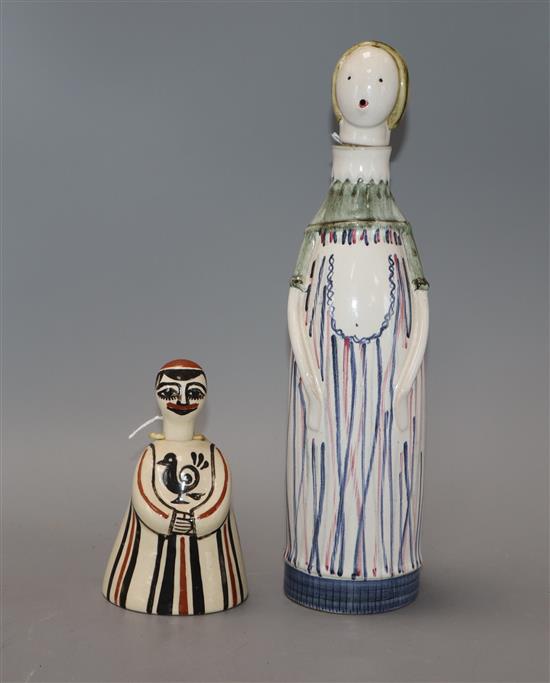 A Rye Pottery Miss Simplicity oil/vinegar bottle and a Bernard Moss Mevagissey Pottery nodding figure (a.f.) tallest 29cm